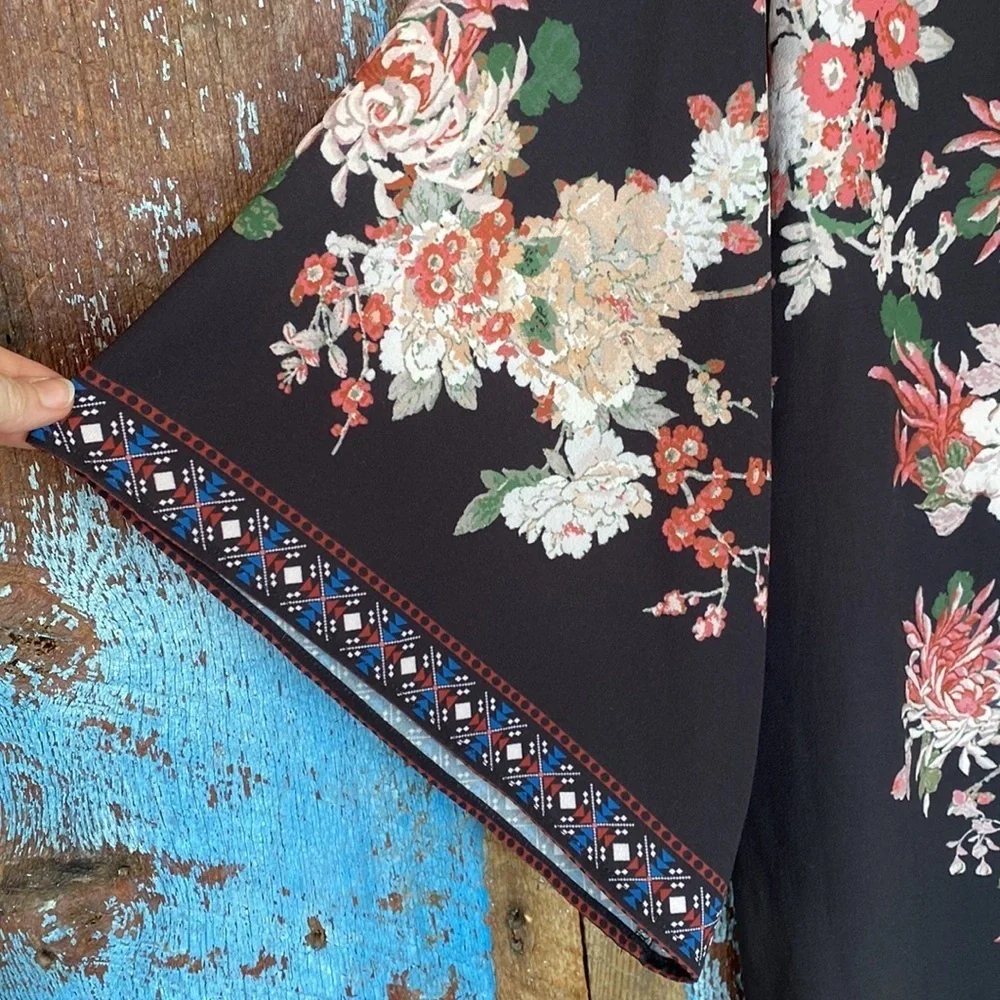Flying Tomato Boho Kimono Black Floral Festival Cardigan Size M